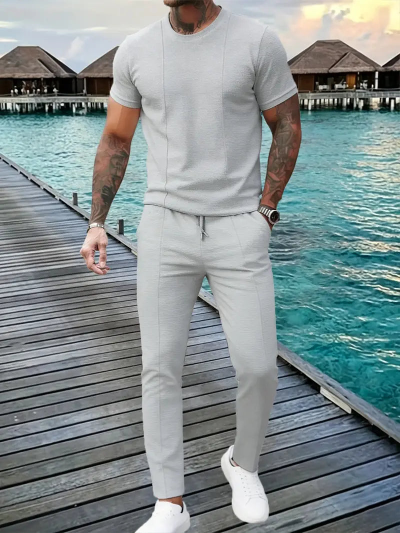Men’s Casual Short Sleeve Shirt and Pants Set Slim Fit Everyday Outfit