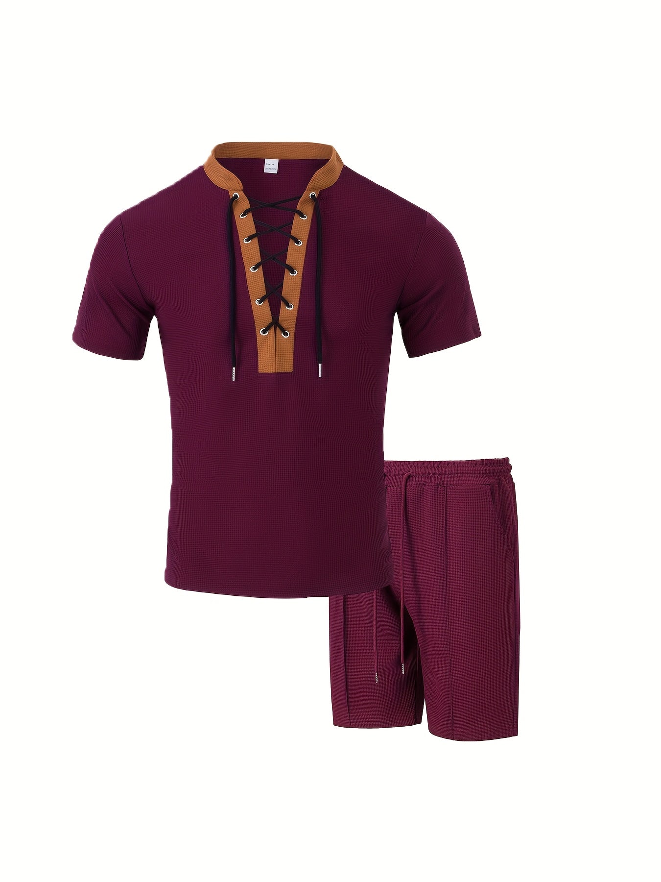 Men’s Lace Up V Neck Shirt and Shorts Set Casual Summer Outfit