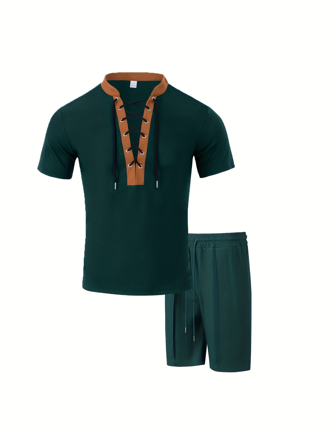 Men’s Lace Up V Neck Shirt and Shorts Set Casual Summer Outfit