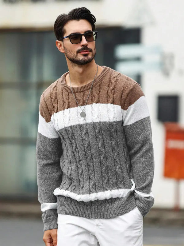 Men’s Casual Crew Neck Sweater Long Sleeve Striped Pullover