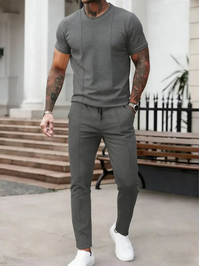 Men’s Casual Short Sleeve Shirt and Pants Set Slim Fit Everyday Outfit