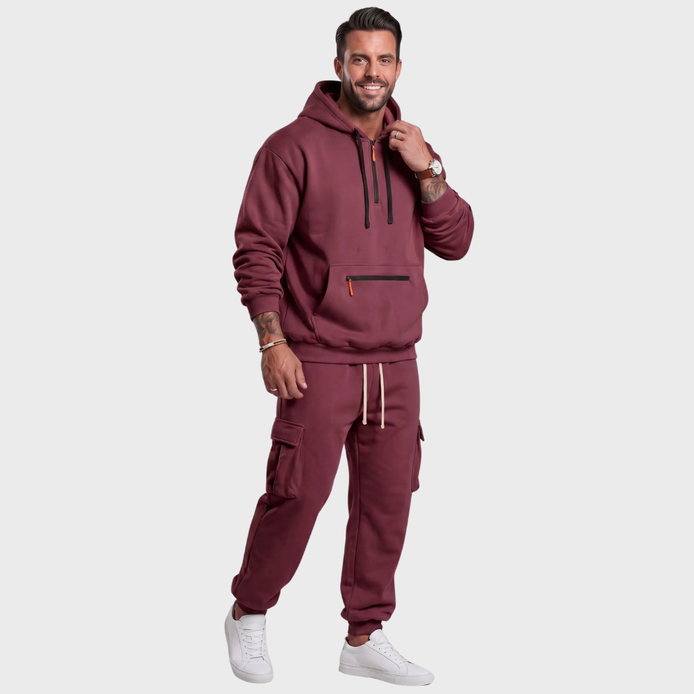 Men’s Hooded Sweatshirt Set – Casual Drawstring Top and Cargo Jogger Pants