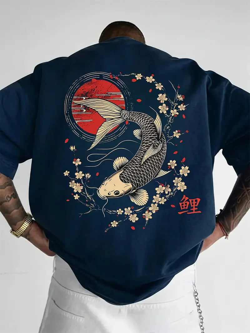 Men's Casual Koi & Cherry Blossom T-Shirt – Loose Fit Summer Top with Glossy Finish - Solorfit