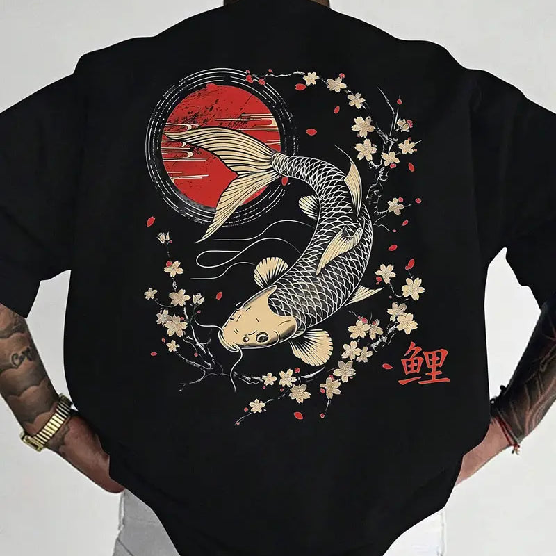 Men's Casual Koi & Cherry Blossom T-Shirt – Loose Fit Summer Top with Glossy Finish - Solorfit