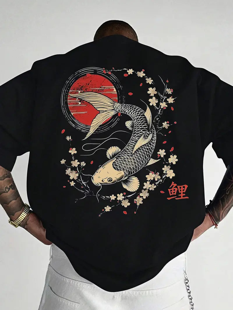 Men's Casual Koi & Cherry Blossom T-Shirt – Loose Fit Summer Top with Glossy Finish - Solorfit
