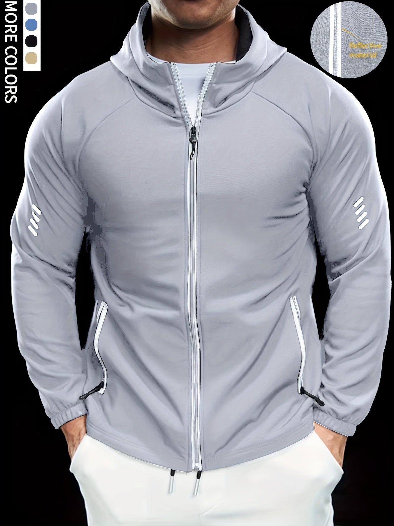 Men's Autumn Hooded Outdoor Jacket with Reflective Zip-Up Design