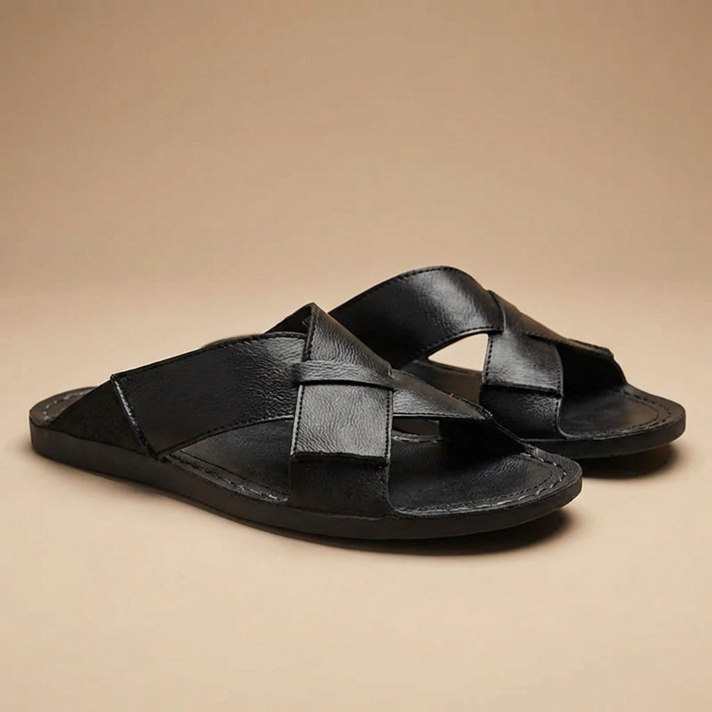 Men's Slide Sandals - Open Toe Cross-Strap Slip-On - Flat Sole - Topstitched Footbed