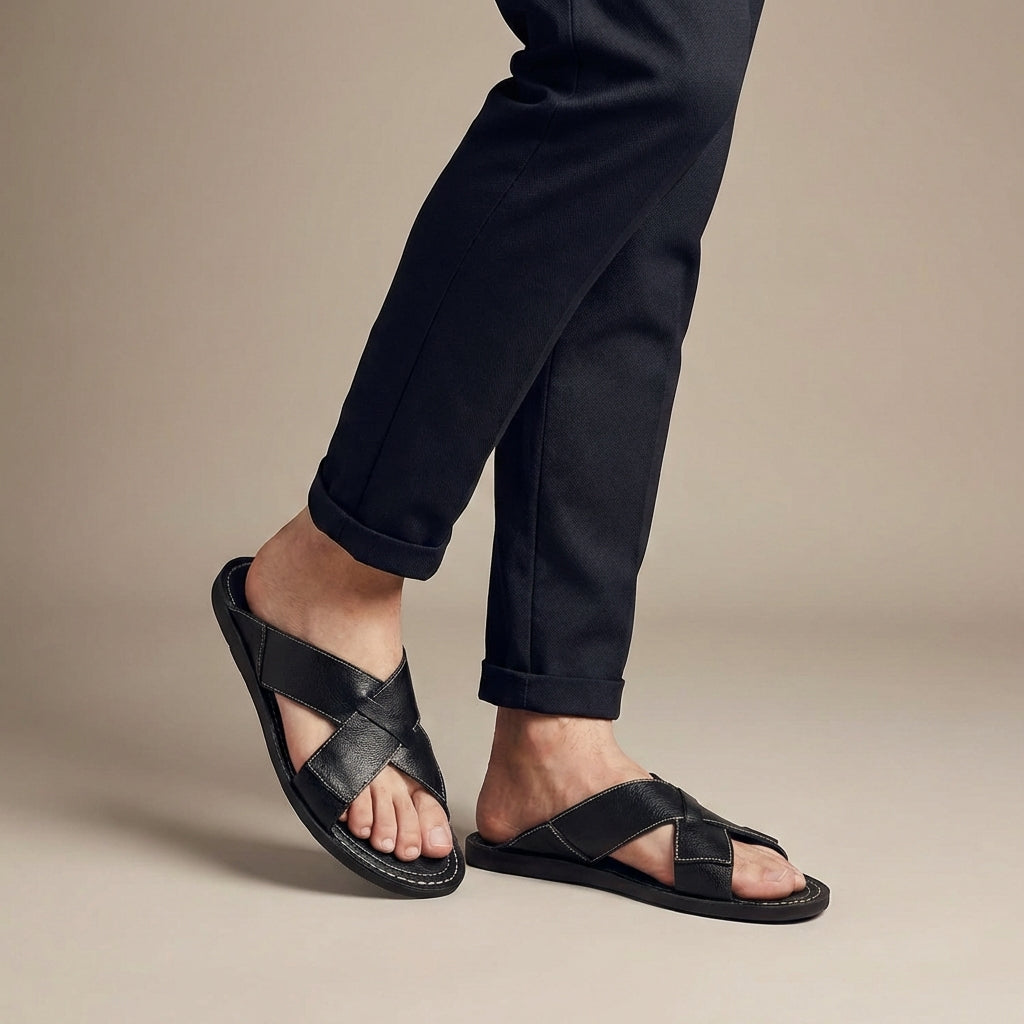 Men's Slide Sandals - Open Toe Cross-Strap Slip-On - Flat Sole - Topstitched Footbed