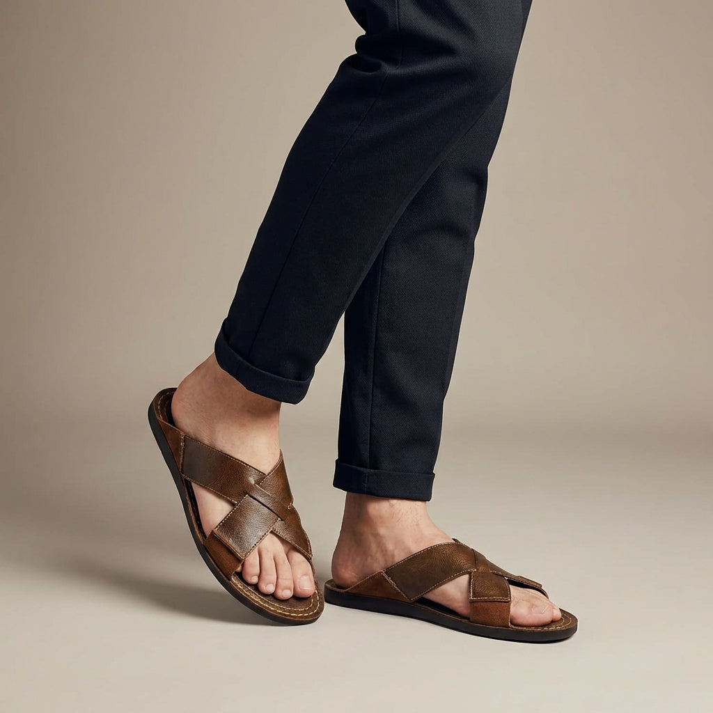 Men's Slide Sandals - Open Toe Cross-Strap Slip-On - Flat Sole - Topstitched Footbed