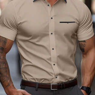 Solorfit | Men's Basic Short-Sleeve Shirt – Solid Color with Turn-Down Collar and Button-Up Front - Solorfit