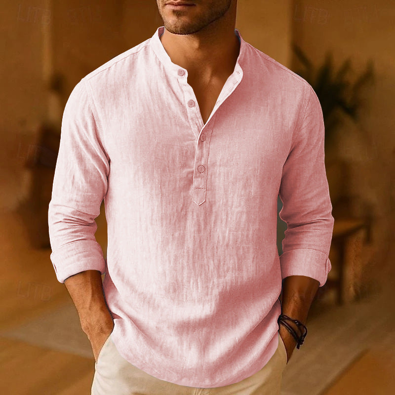 Men's linen Henley Shirt with Long Sleeves & Button-Down Placket Versatile Style for Everyday Wear