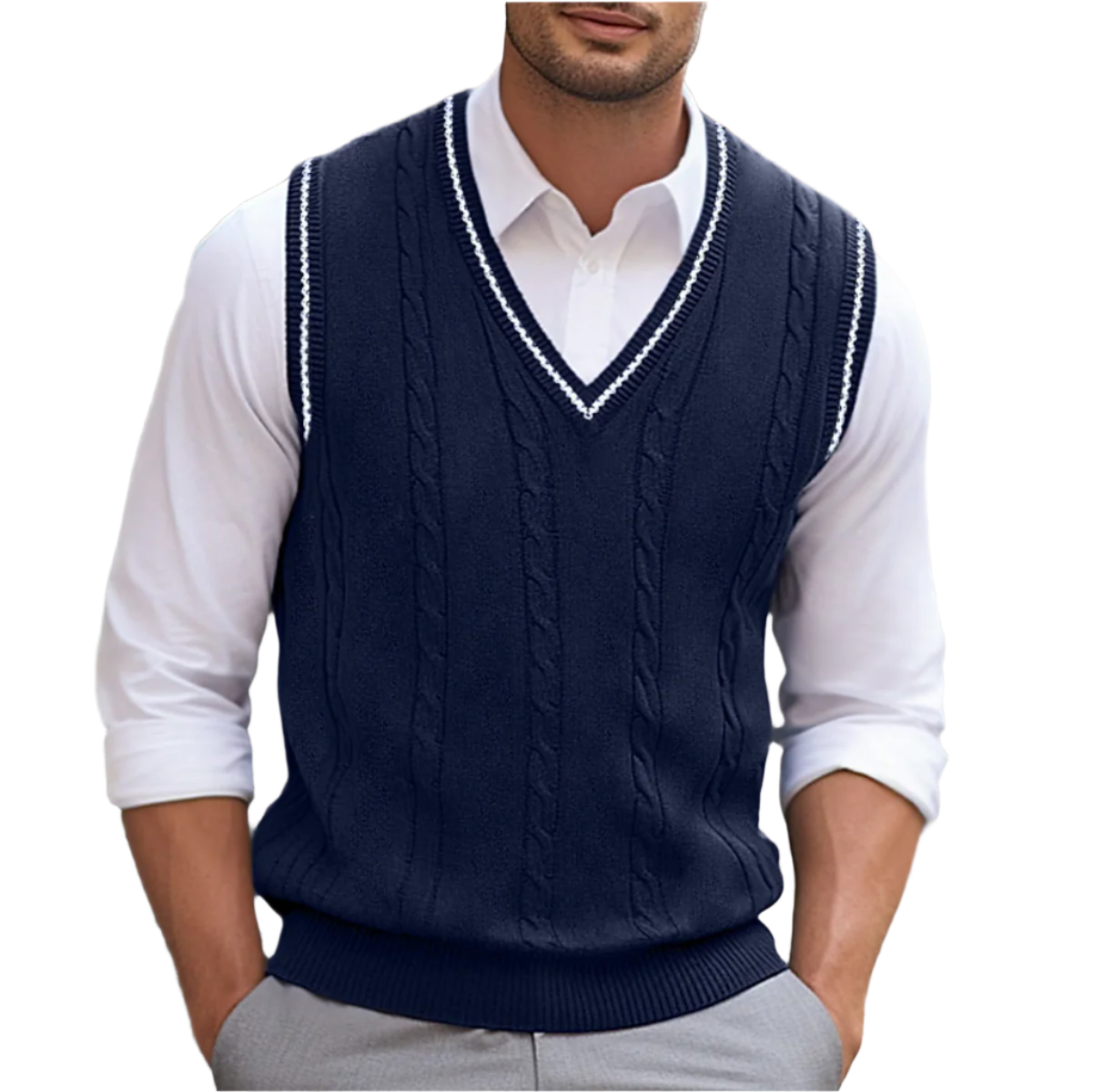 Men’s Cable Knit Sweater Vest V Neck Smart Casual Pullover