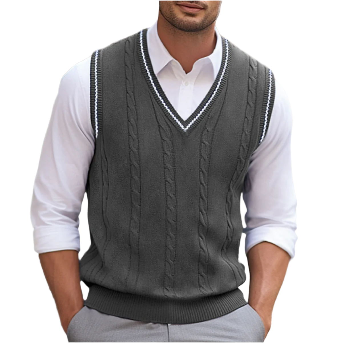 Men’s Cable Knit Sweater Vest V Neck Smart Casual Pullover