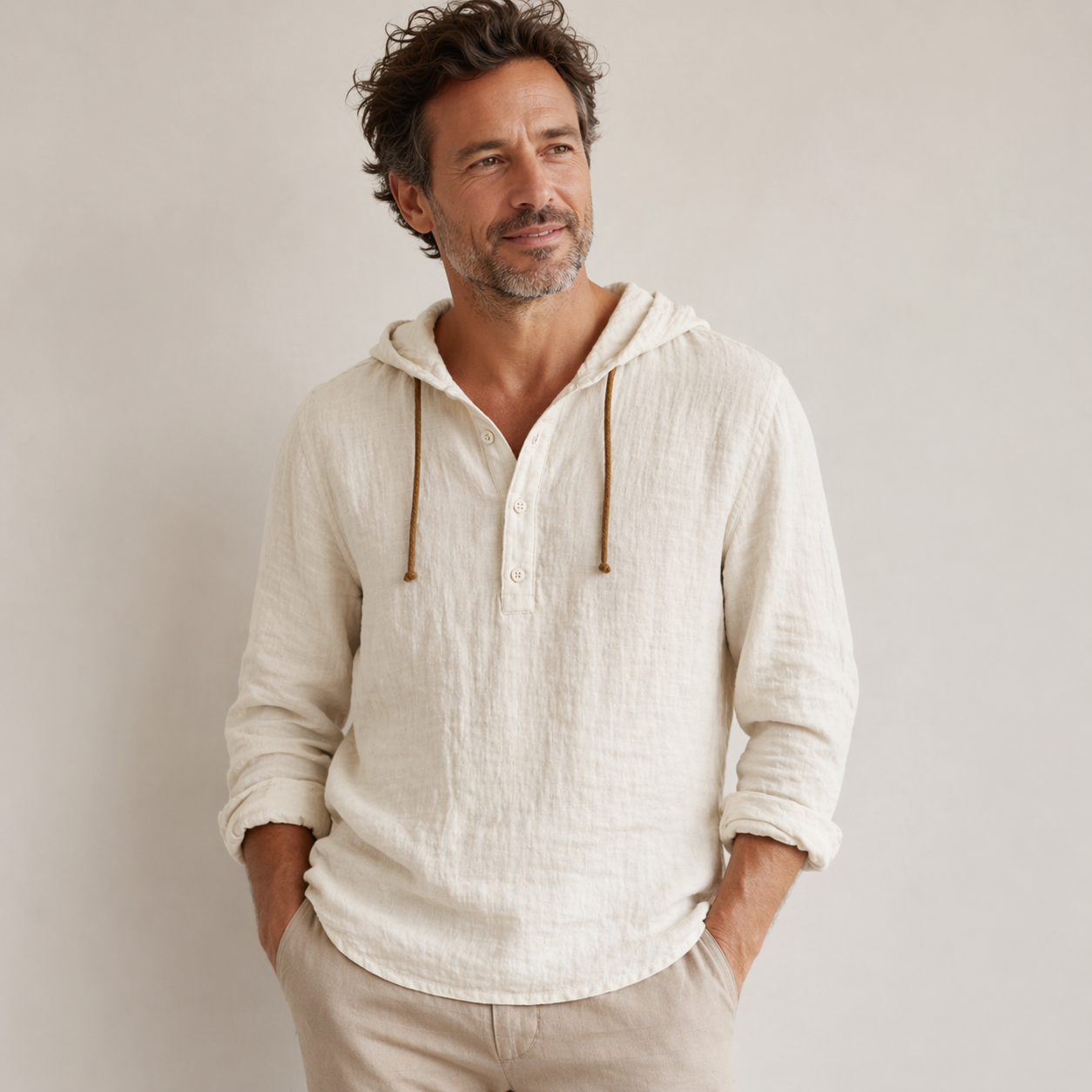 Men's Casual Hooded Henley Shirt with Button Placket and Long Sleeves