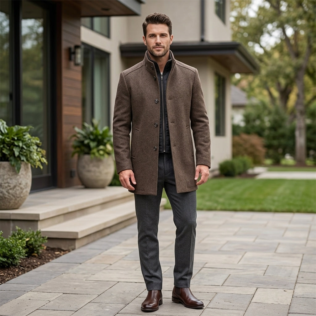 Men’s Stand Collar Coat Long Sleeve Button Front Casual Jacket