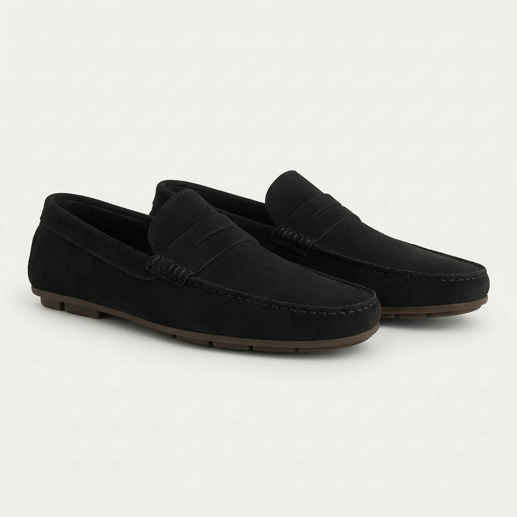 Men’s Cow Suede Penny Loafers Slip-On Moccasins with Breathable Insole and Rubber Sole