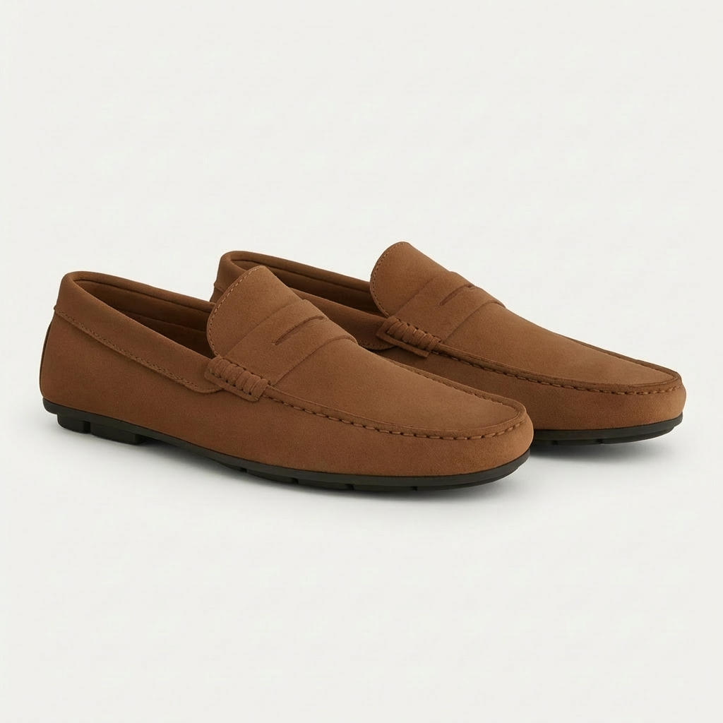 Men’s Cow Suede Penny Loafers Slip-On Moccasins with Breathable Insole and Rubber Sole