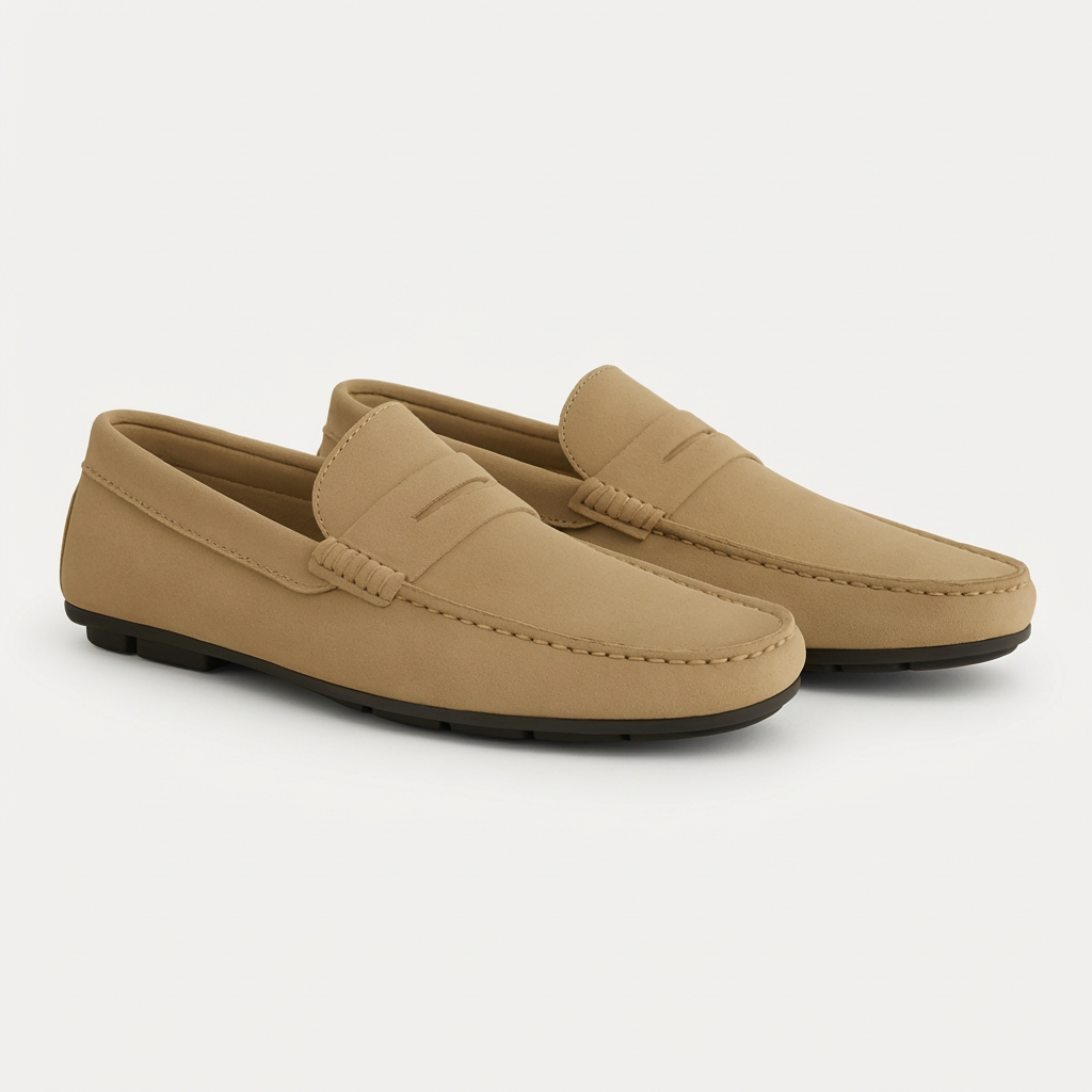 Men’s Cow Suede Penny Loafers Slip-On Moccasins with Breathable Insole and Rubber Sole
