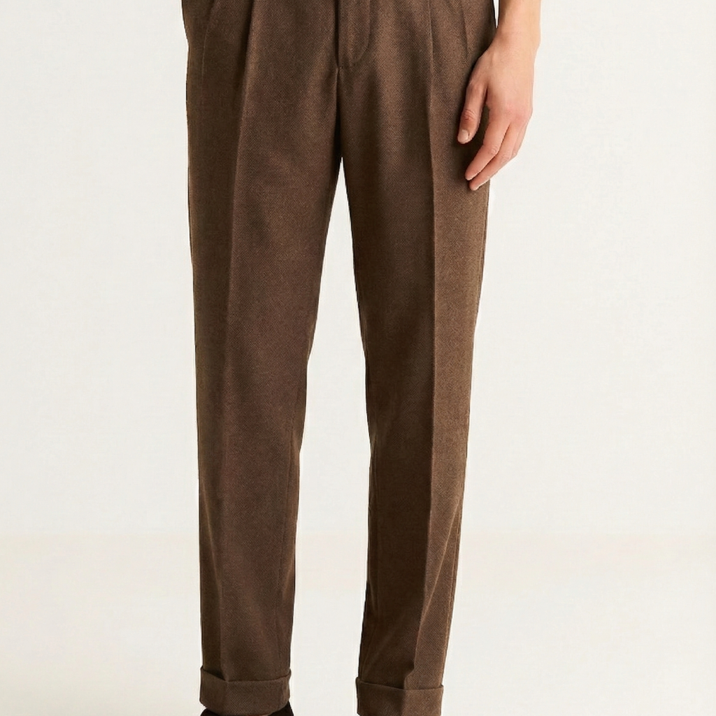 Men’s Relaxed Twin-Pleat Pants – Tailored High-Waist Design with Back Welt Pockets