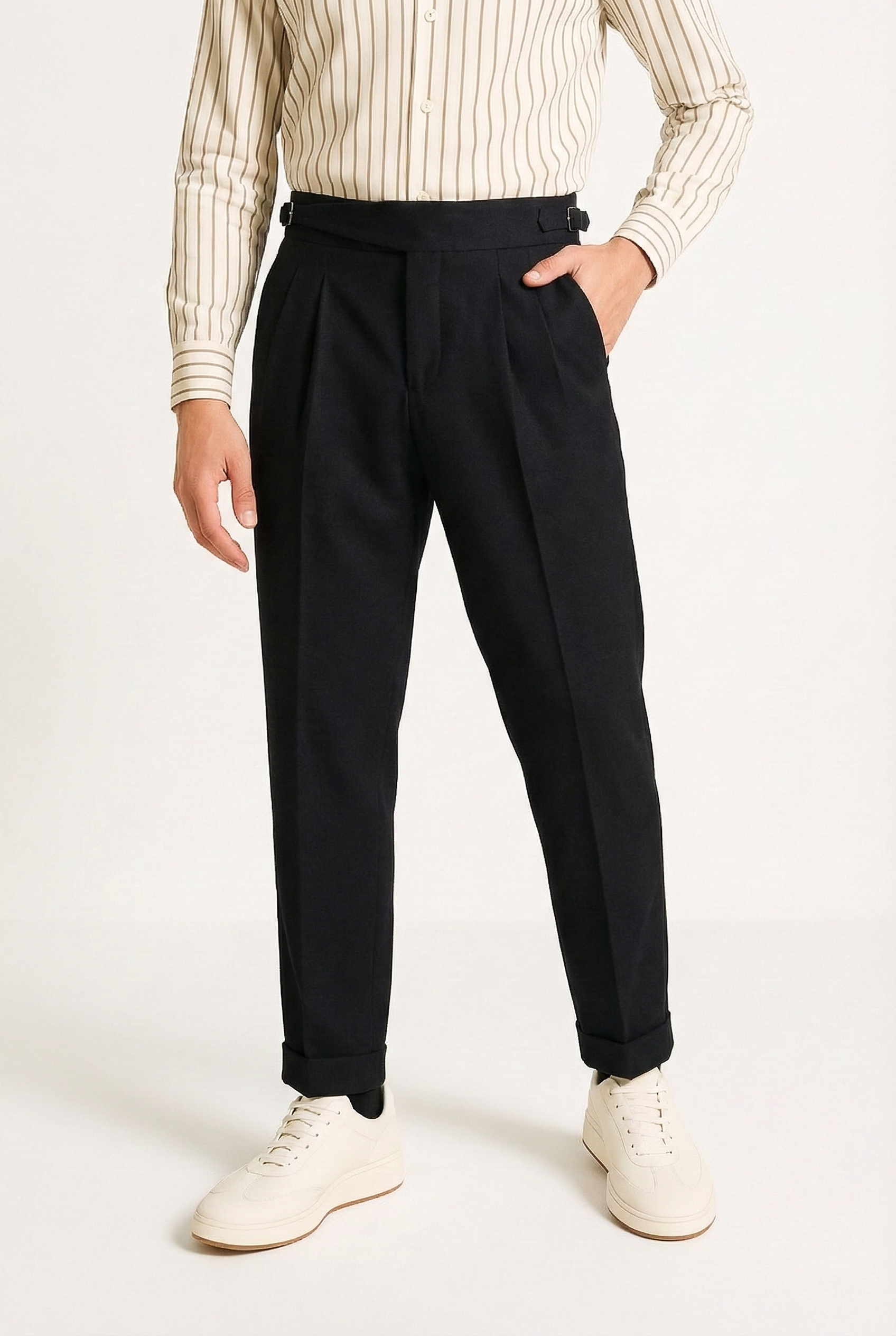 Men’s Relaxed Twin-Pleat Pants – Tailored High-Waist Design with Back Welt Pockets