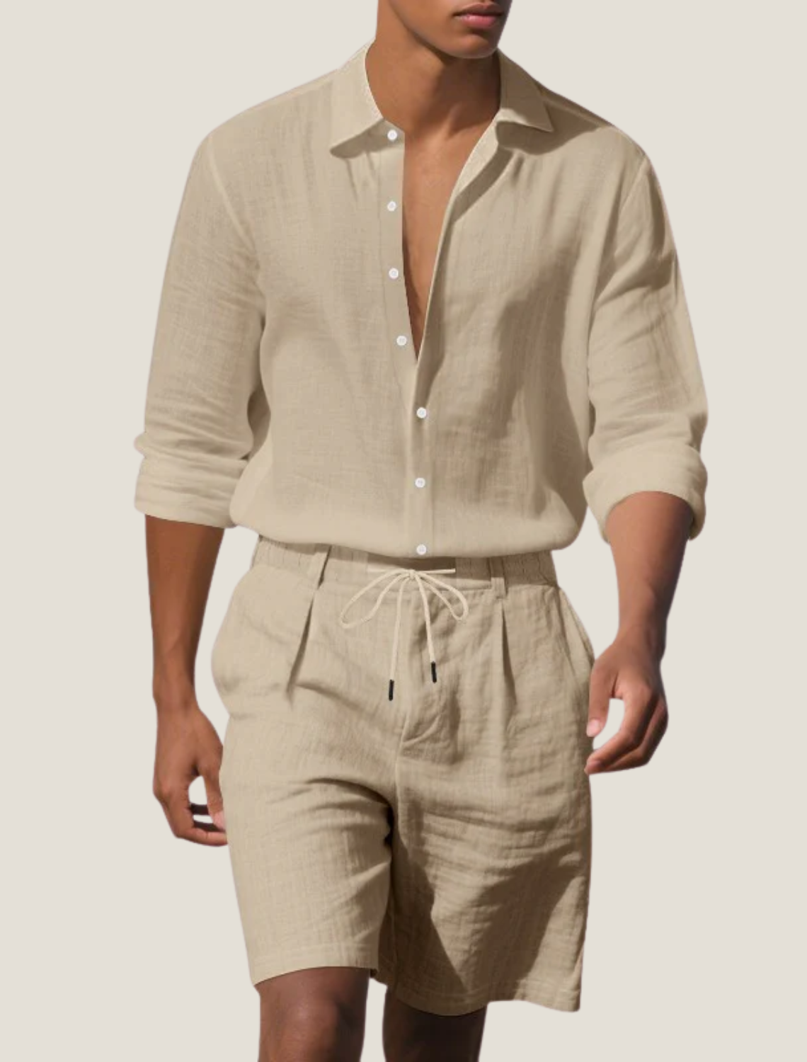 Men’s Long Sleeve Shirt and Shorts Set Casual Two Piece Summer Outfit