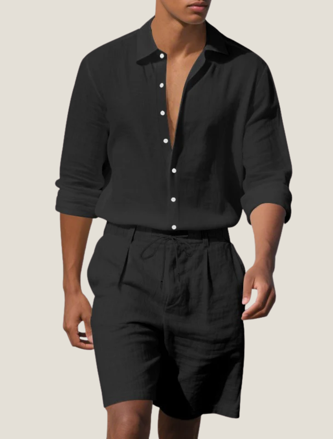 Men’s Long Sleeve Shirt and Shorts Set Casual Two Piece Summer Outfit
