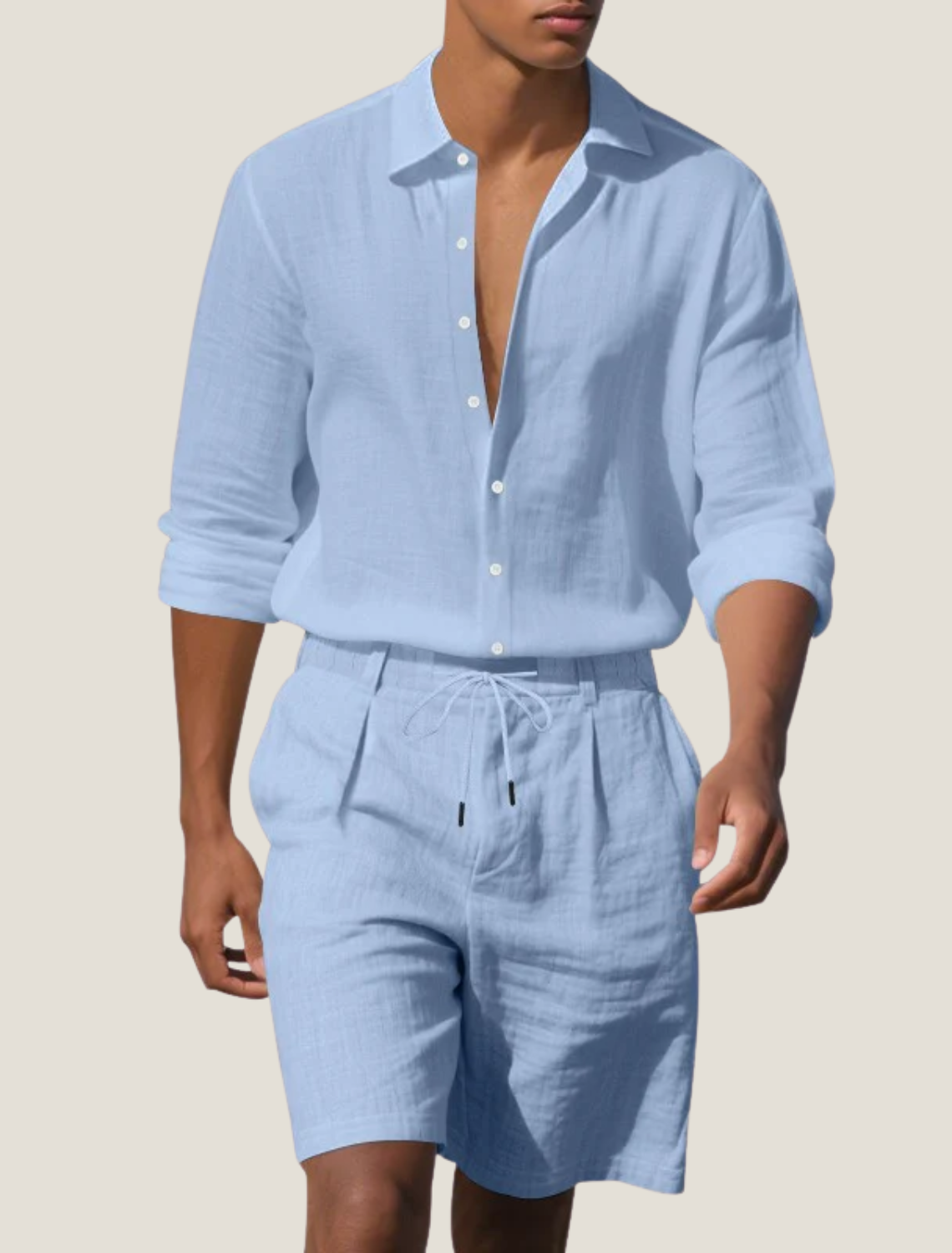 Men’s Long Sleeve Shirt and Shorts Set Casual Two Piece Summer Outfit