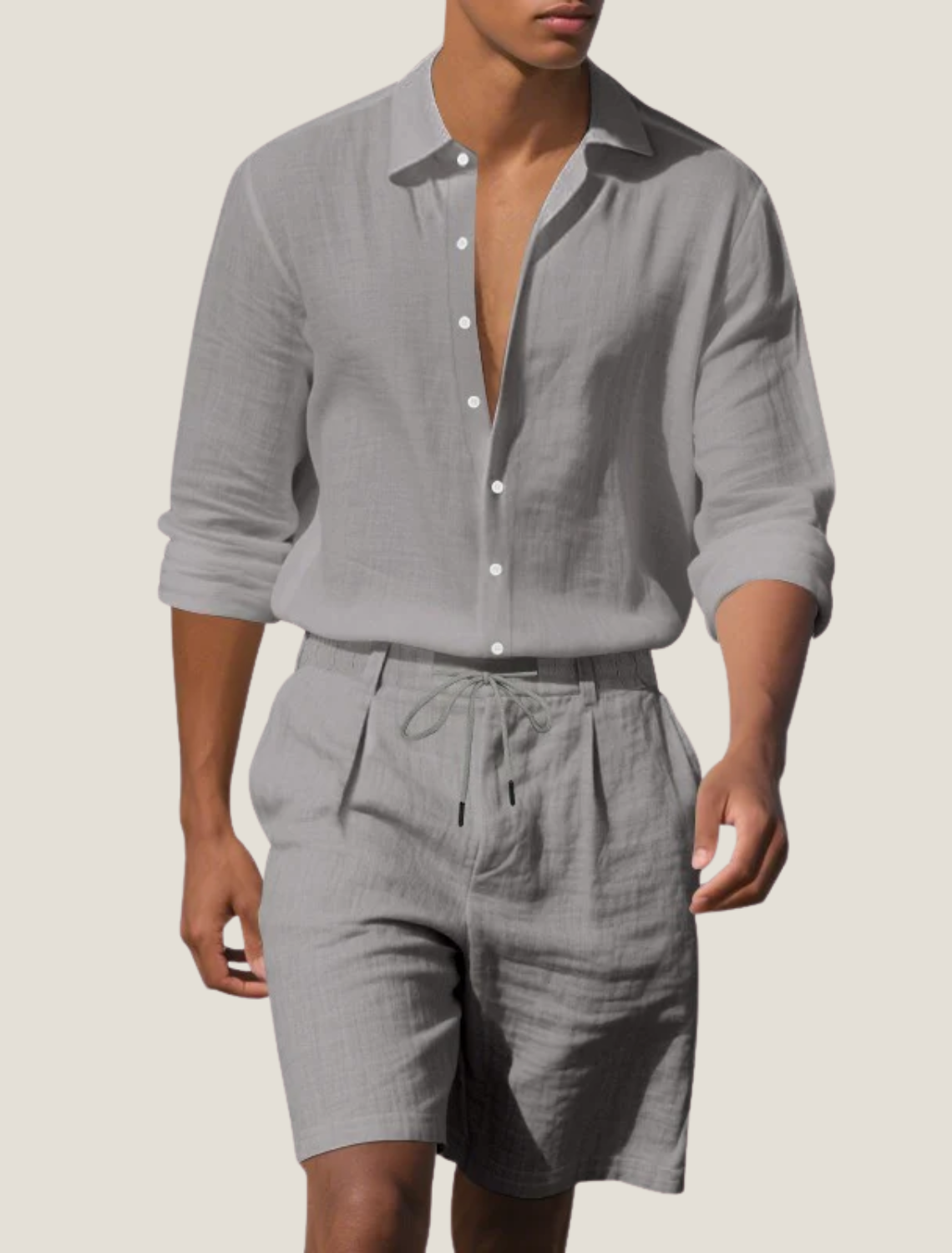 Men’s Long Sleeve Shirt and Shorts Set Casual Two Piece Summer Outfit