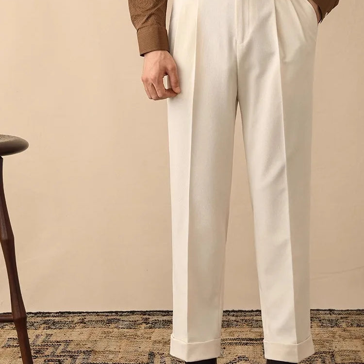 Men’s High-Waisted Pleated Pants with Side Buckle Adjusters and Cuffed Hem