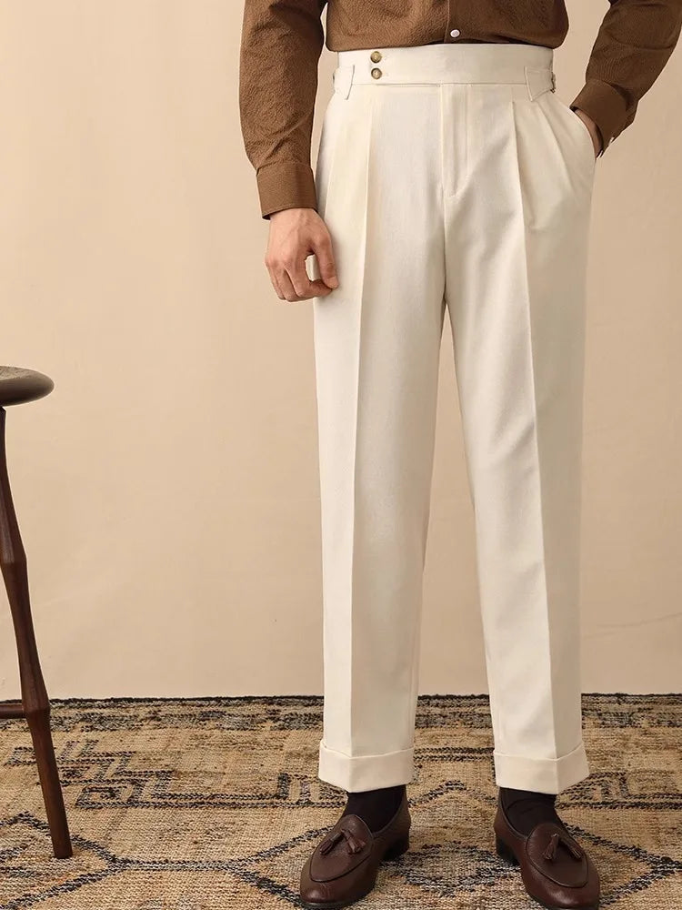 Men’s High-Waisted Pleated Pants with Side Buckle Adjusters and Cuffed Hem