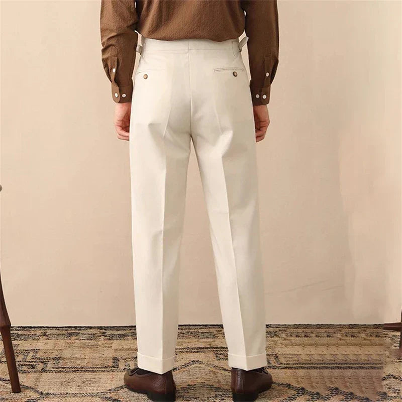Men’s High-Waisted Pleated Pants with Side Buckle Adjusters and Cuffed Hem