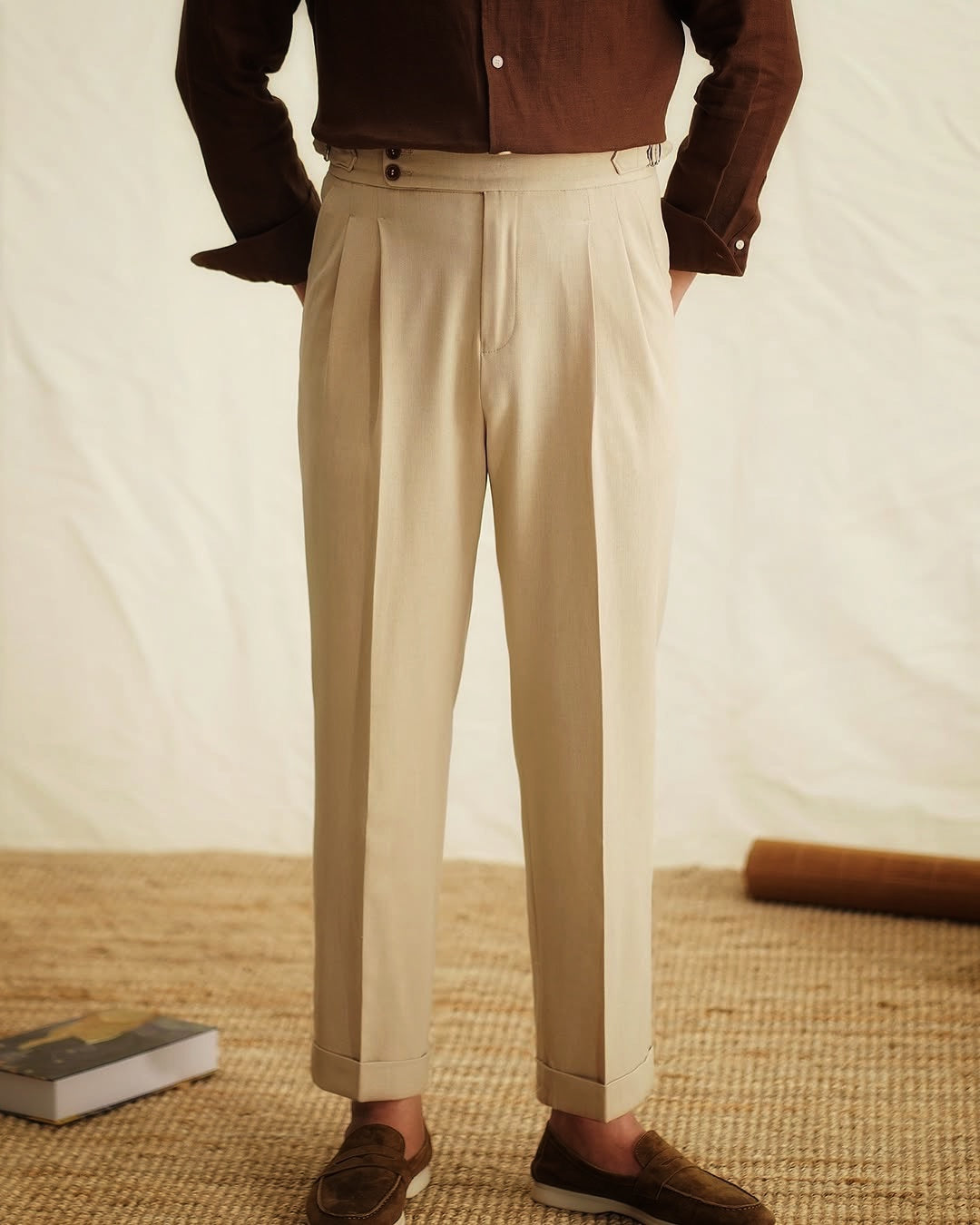 Men’s High-Waisted Pleated Pants with Side Buckle Adjusters and Cuffed Hem