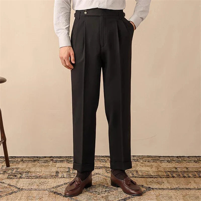 Men’s High-Waisted Pleated Pants with Side Buckle Adjusters and Cuffed Hem