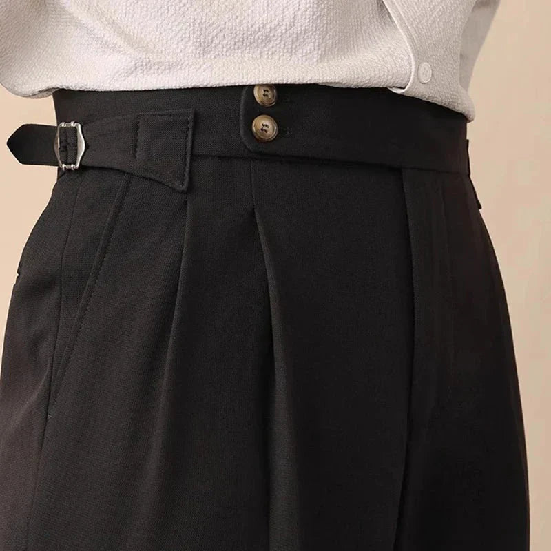 Men’s High-Waisted Pleated Pants with Side Buckle Adjusters and Cuffed Hem