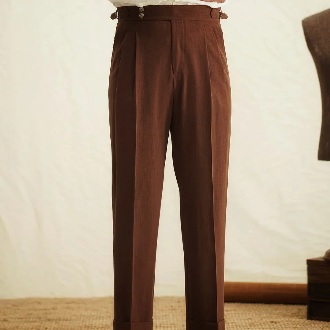 Men’s High-Waisted Pleated Pants with Side Buckle Adjusters and Cuffed Hem