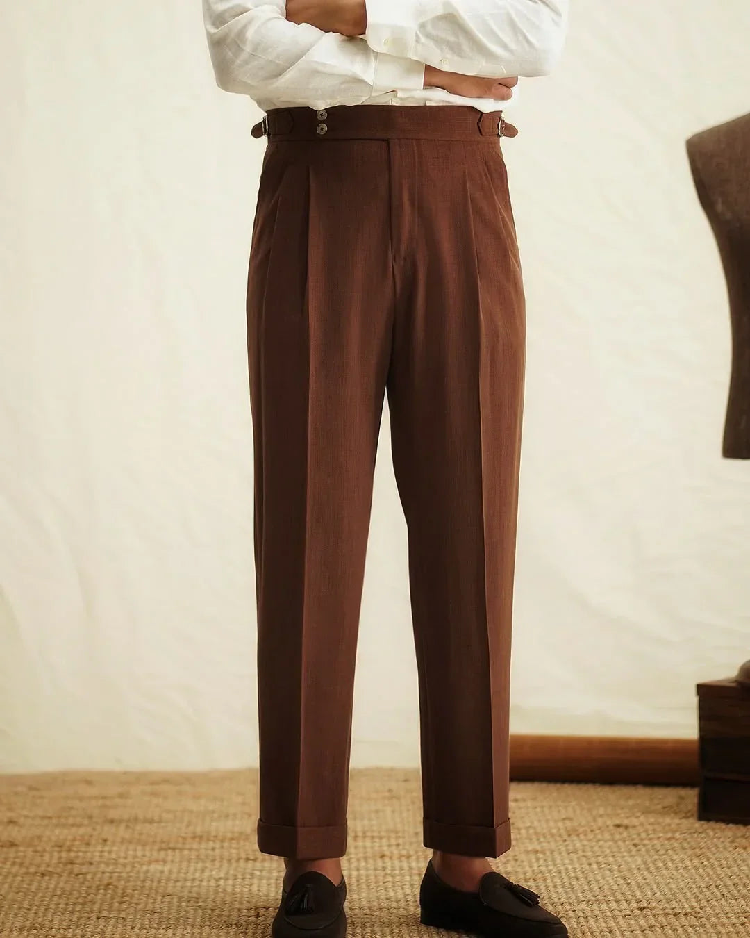 Men’s High-Waisted Pleated Pants with Side Buckle Adjusters and Cuffed Hem