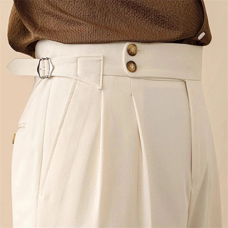Men’s High-Waisted Pleated Pants with Side Buckle Adjusters and Cuffed Hem