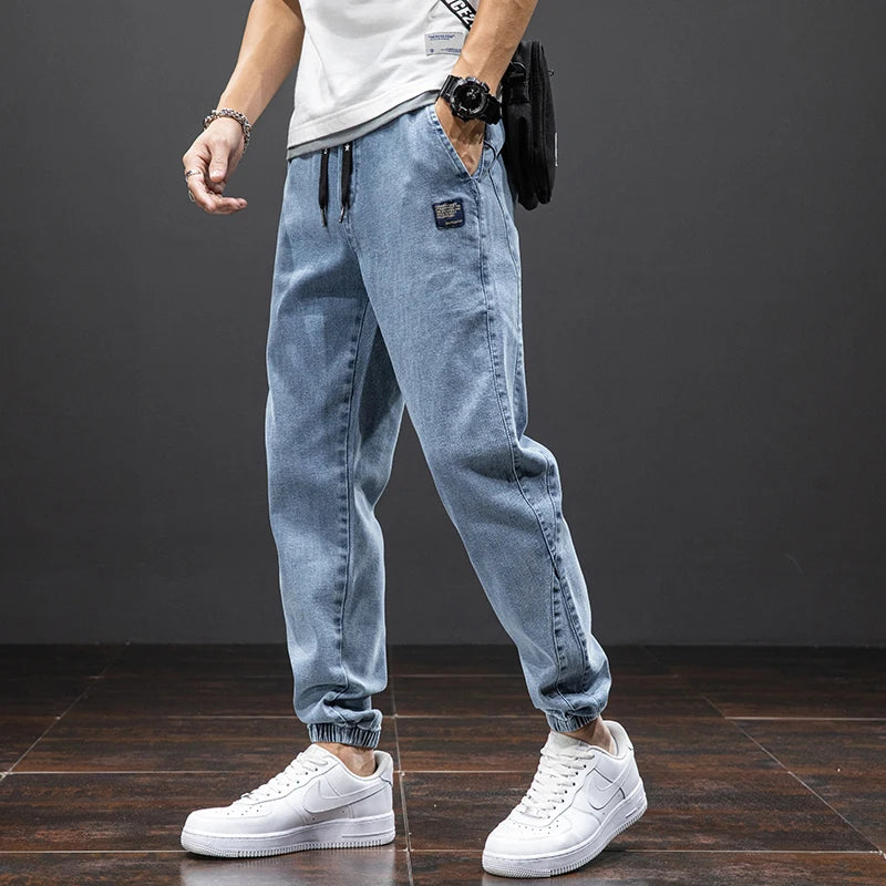 Men’s Denim Jogger Pants Elastic Waist Drawstring Casual Tapered Jeans