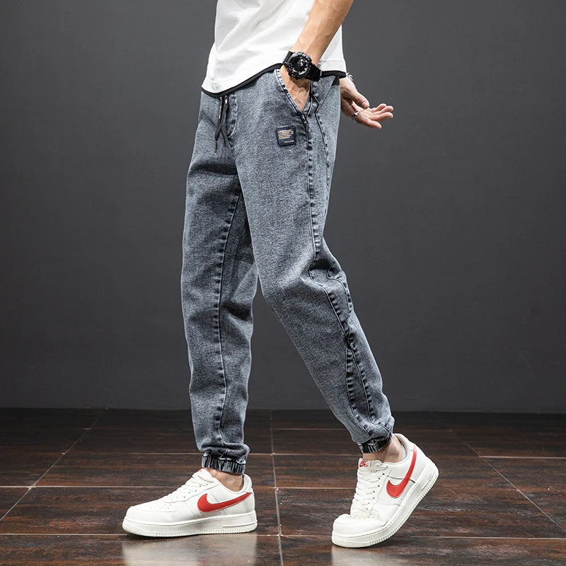 Men’s Denim Jogger Pants Elastic Waist Drawstring Casual Tapered Jeans