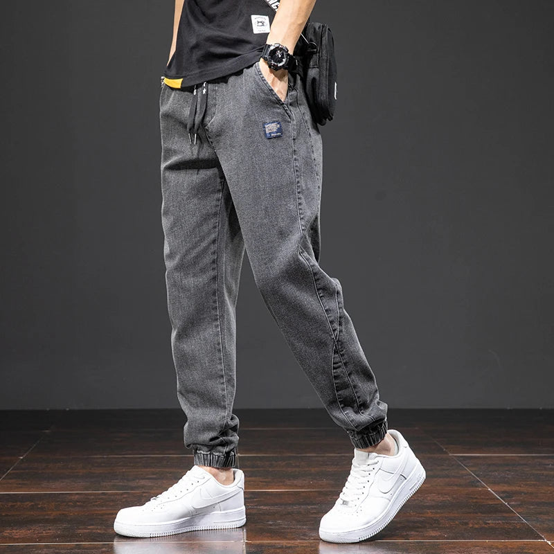 Men’s Denim Jogger Pants Elastic Waist Drawstring Casual Tapered Jeans