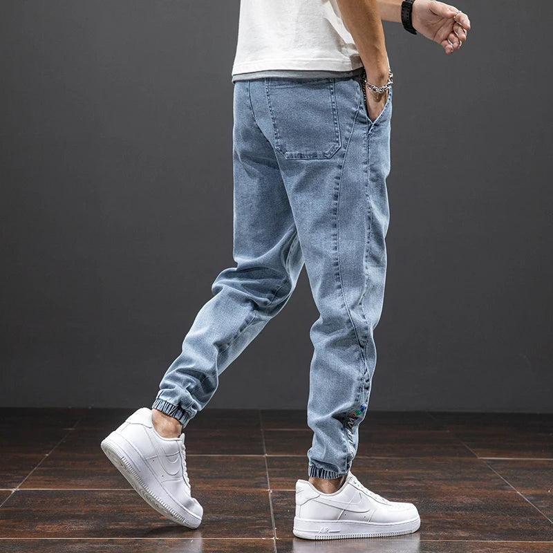 Men’s Denim Jogger Pants Elastic Waist Drawstring Casual Tapered Jeans