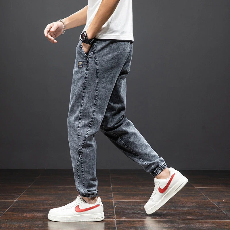 Men’s Denim Jogger Pants Elastic Waist Drawstring Casual Tapered Jeans