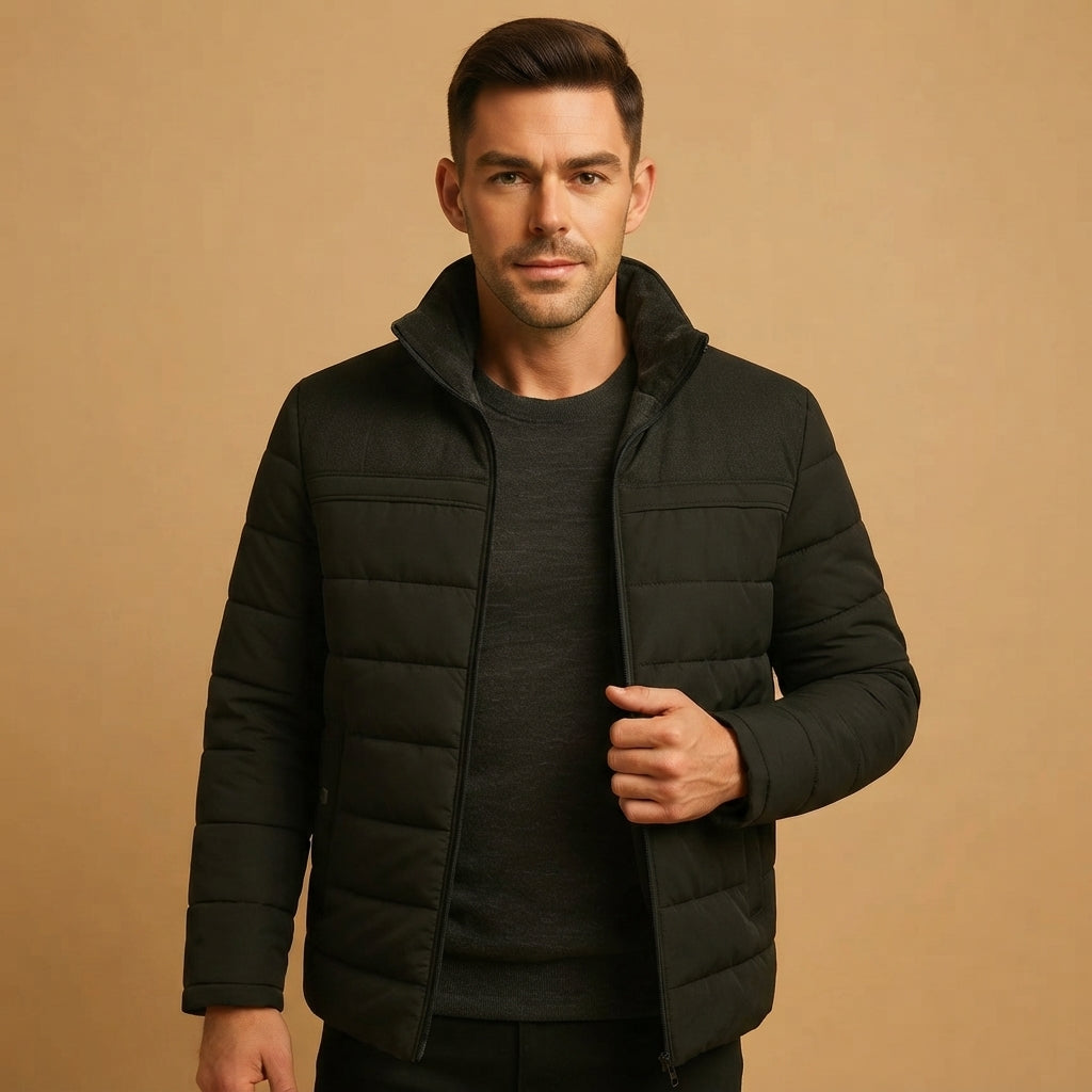 Men’s Quilted Jacket  Stand Collar Zip Up Casual Jacket
