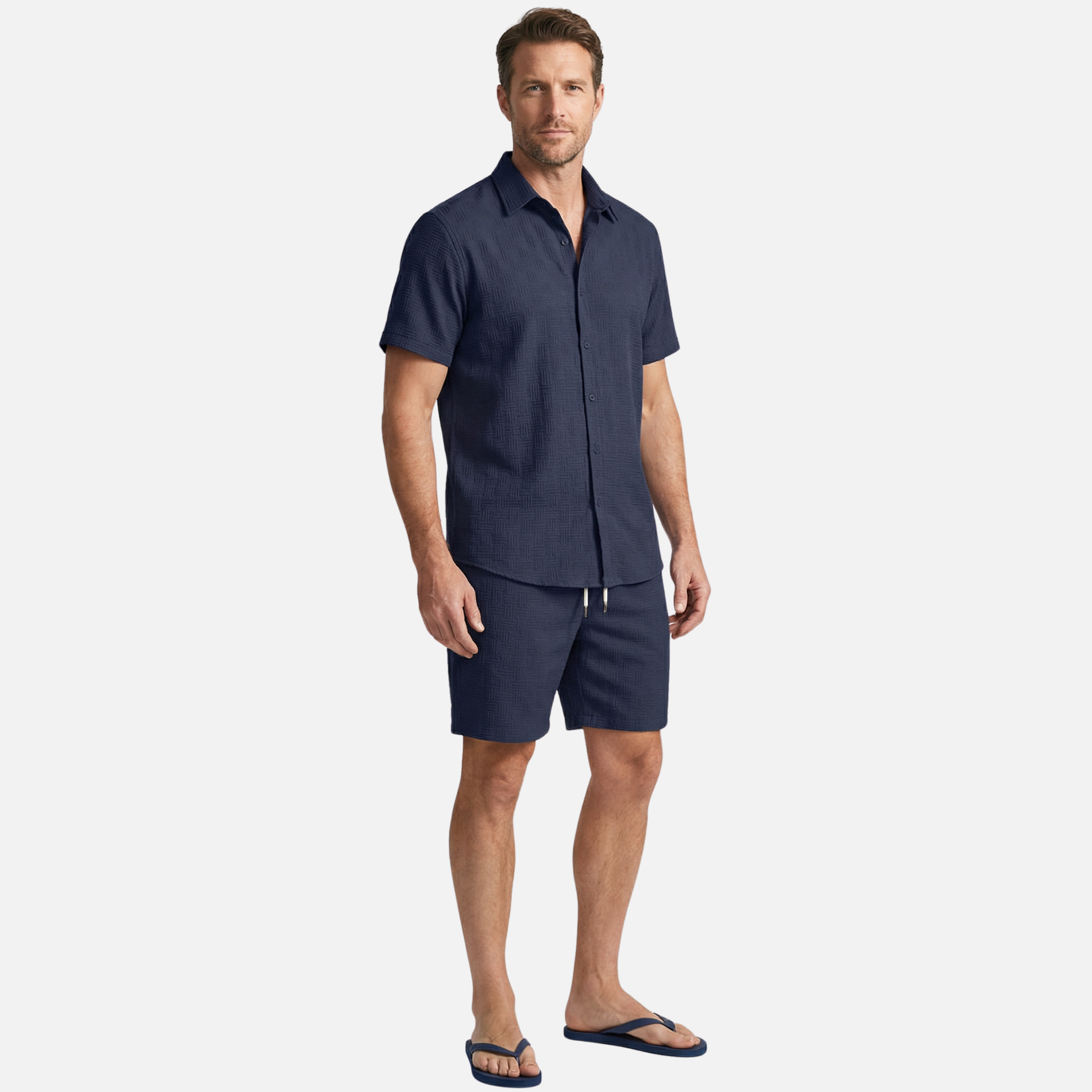 Relaxed Fit Shirt and Shorts Set with Button Closure for Men