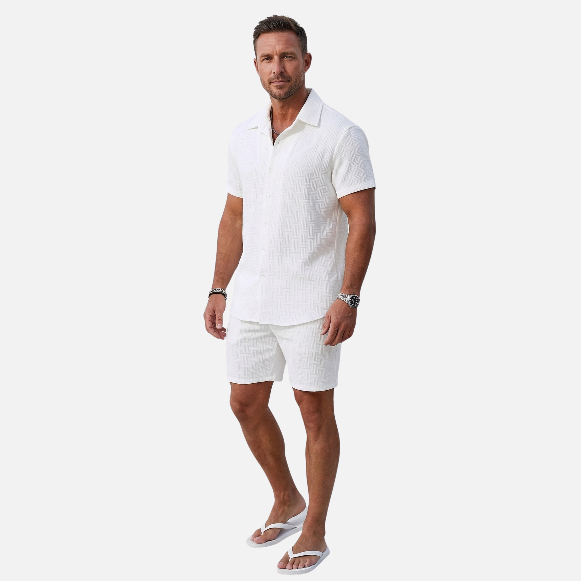 Relaxed Fit Shirt and Shorts Set with Button Closure for Men