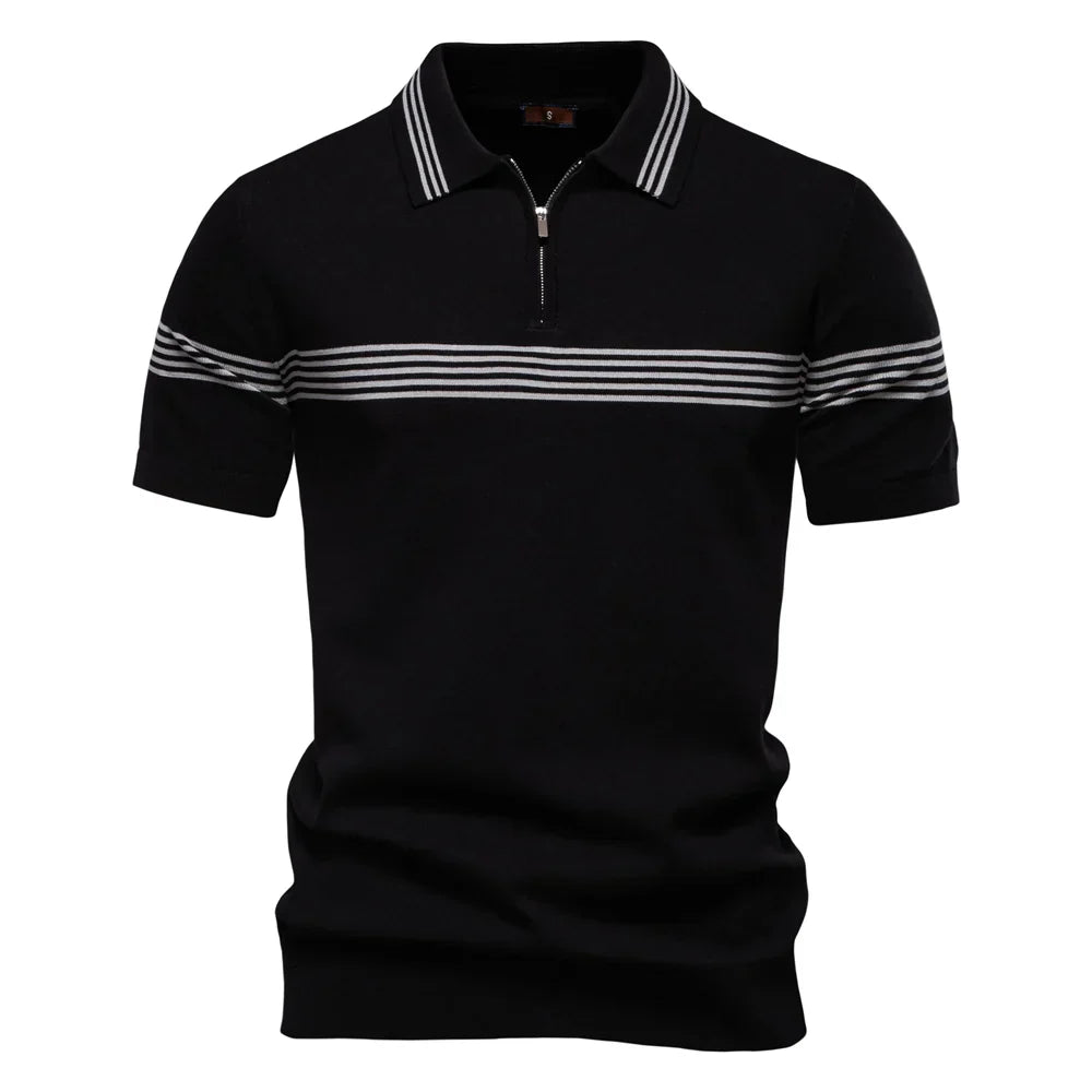Clarke London Short-Sleeve Zip Polo Shirt Slim Fit With Stripes