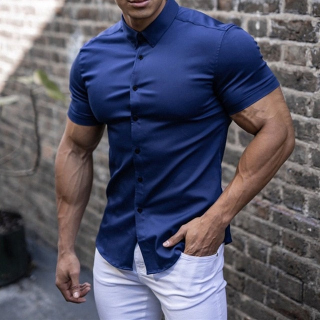 Men’s Slim Fit Short Sleeve Stretch Shirt – Wrinkle-Resistant Dress Blouse - Solorfit