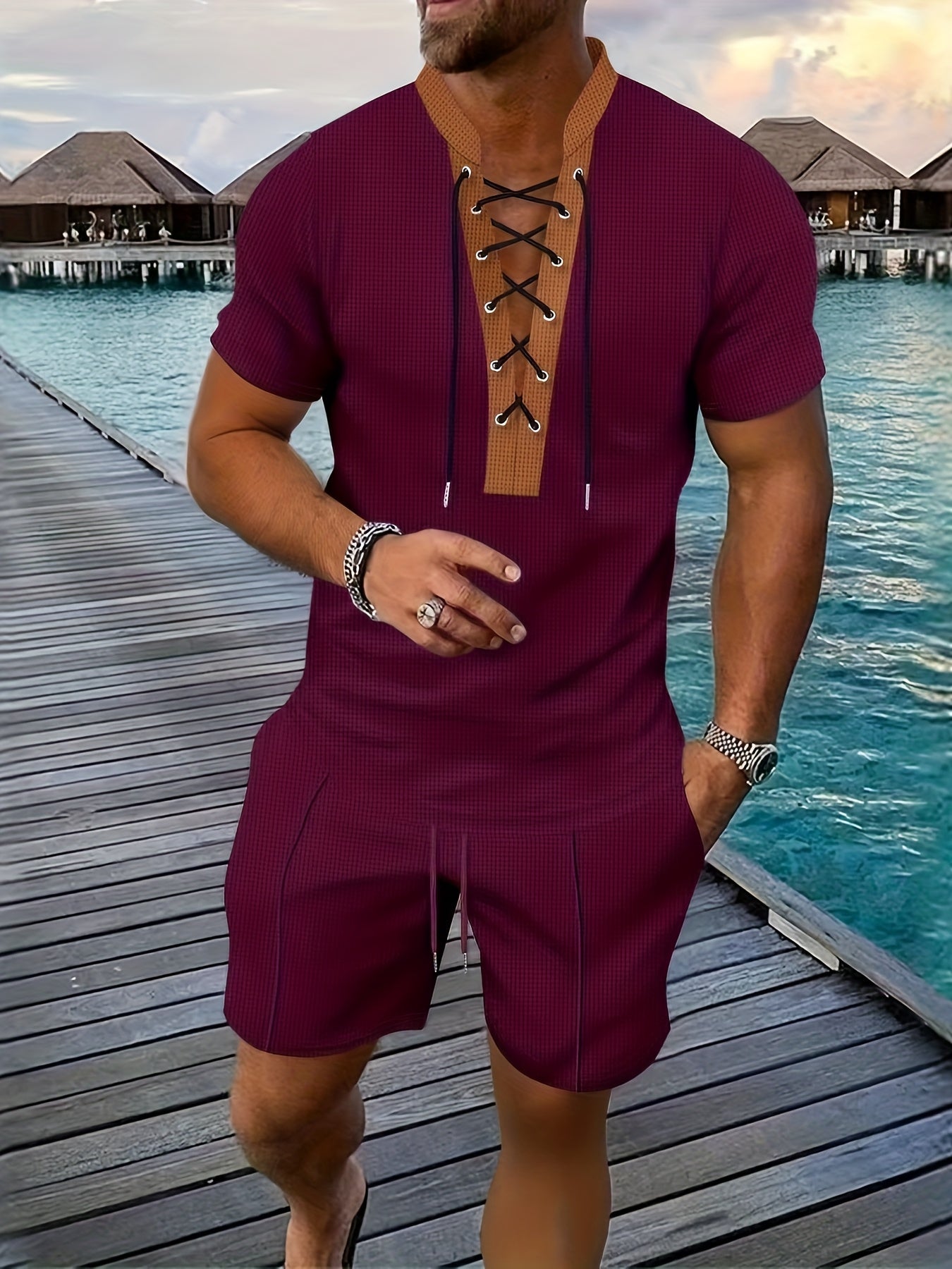 Men’s Lace Up V Neck Shirt and Shorts Set Casual Summer Outfit