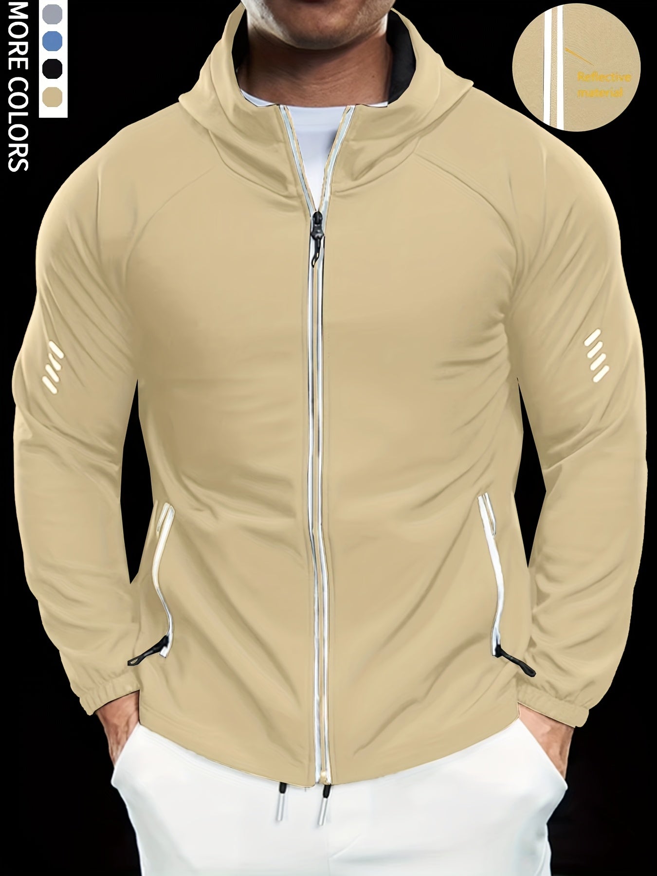 Men's Autumn Hooded Outdoor Jacket with Reflective Zip-Up Design