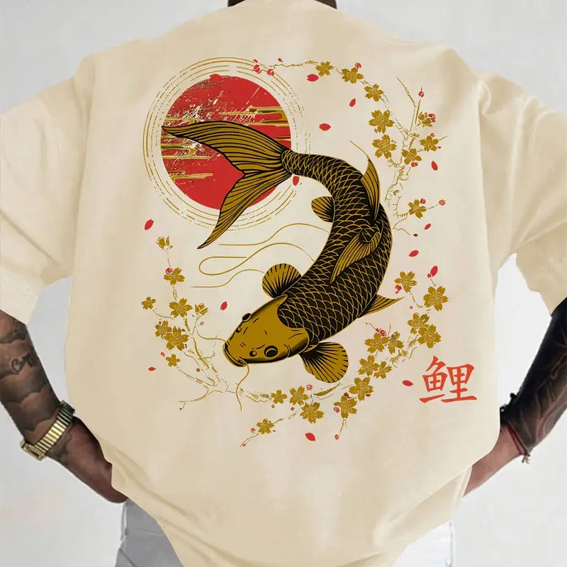 Men's Casual Koi & Cherry Blossom T-Shirt – Loose Fit Summer Top with Glossy Finish - Solorfit